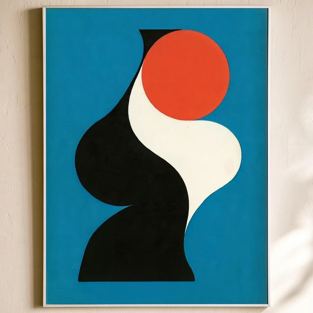 A framed abstract print hanging on a wall