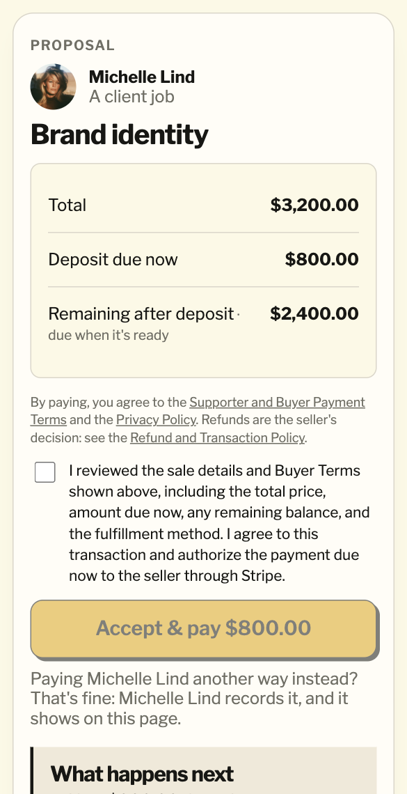 Michelle Lind's proposal for a $3,200 brand identity, on the client's phone: $800 due now and $2,400 when it's ready, with Accept and pay $800.