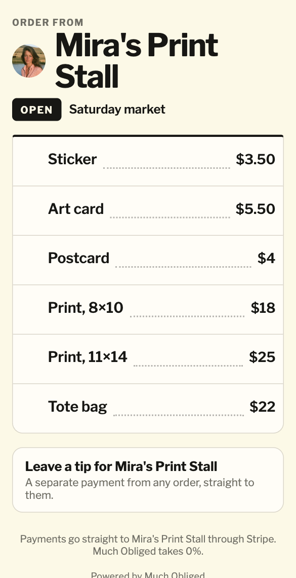 Mira's Print Stall's Counter menu, open for a Saturday market: stickers, cards, prints and a tote bag.