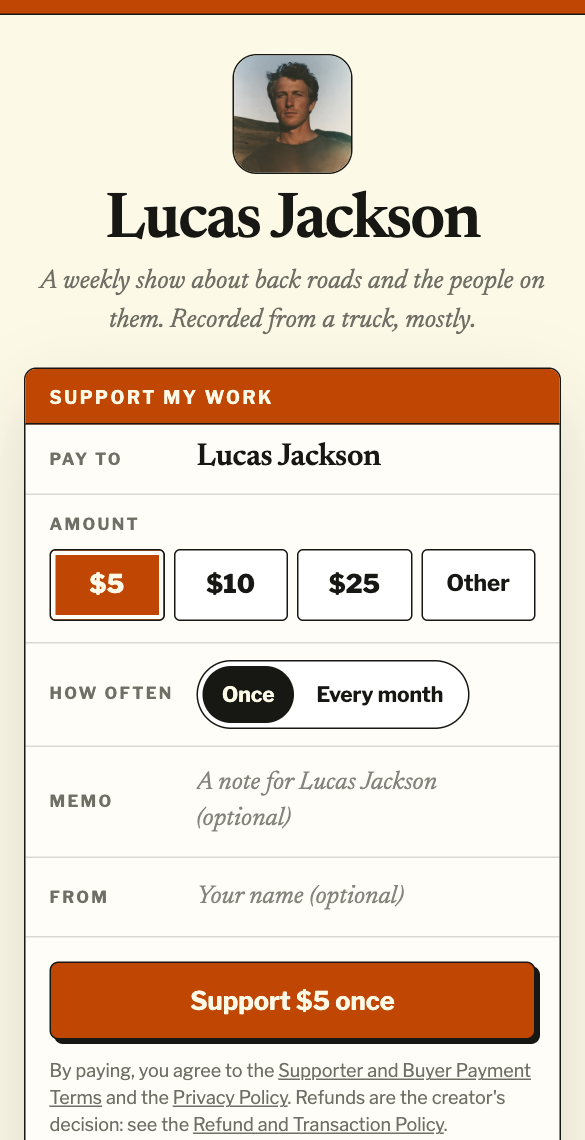Lucas Jackson's support slip: pick an amount, once or every month, with an optional note and name.
